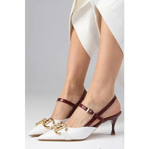 Mio Gusto White Color Buckle Accessory Open Back Women's Heeled Shoes with Side Buckle