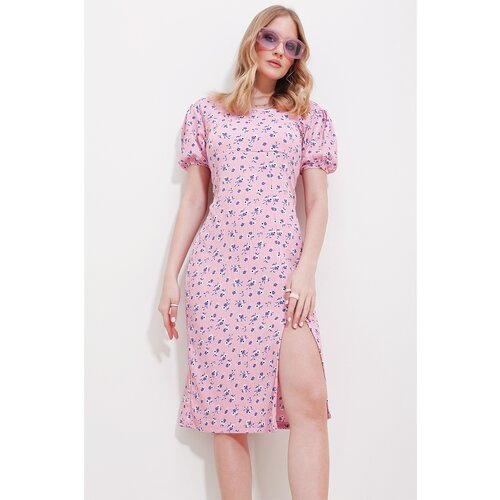 Trend Alaçatı Stili Women's Pink Square Neck Back Laced Slit Patterned Dress Slike