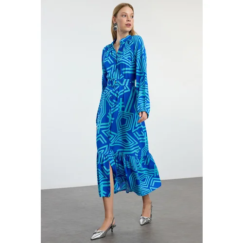 Trendyol Blue Belted Geometric Patterned Judge Collar Midi Woven Shirt Dress