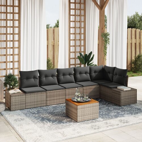 VidaXL 7-delna vrtna sofa garnitura z blazinami Siva Poli ratan Akacija Slike