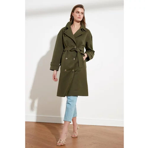 Trendyol Khaki Belted Button Closure Long Trench Coat With Water Repellent Feature