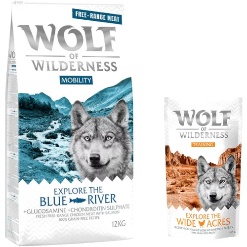 Wolf of Wilderness 12kg + 100g Snack "Explore the Wide Acres" piletina gratis! - Explore The Blue River - piletina iz slobodnog uzgoja i losos (Mobility)