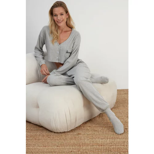 Trendyol Gray Embroidered Corduroy Knitted Pajamas Set