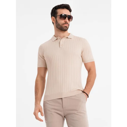 Ombre Men's SLIM FIT viscose vertical striped polo shirt - beige Ombre Men's SLIM FIT viscose vertical striped polo shirt - beige
