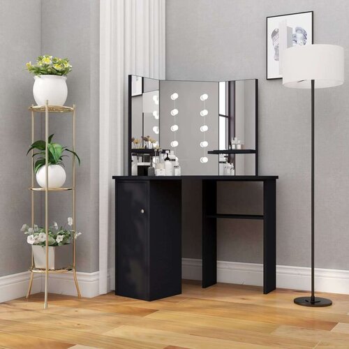 vidaXL Kutni toaletni stolić s LED svjetlom crni 111 x 54 x 141,5 cm Cene