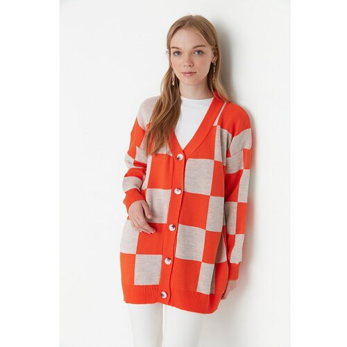 Trendyol Orange Checkered Knitwear Cardigan Slike