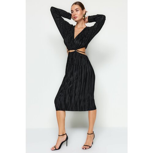 Trendyol Black Window/Cut Out Detailed Pleated Pleated Dress Slike