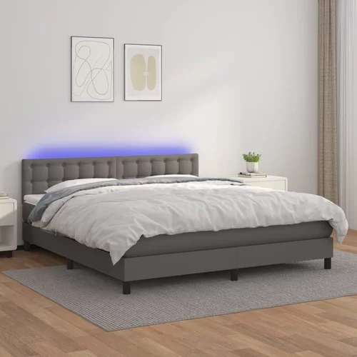 vidaXL Box spring postelja z vzmetnico LED siva 180x200cm umetno usnje
