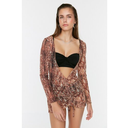 Trendyol Brown Patterned Ruffle Detailed Decollete Beach Dress Slike