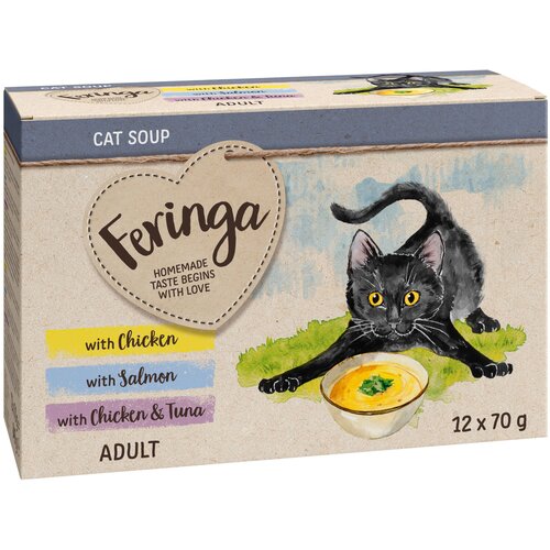 Feringa juha za mačke 12 x 70 g - Mje&amp;scaron;ovito pakiranje (piletina, losos, piletina i tuna) Slike