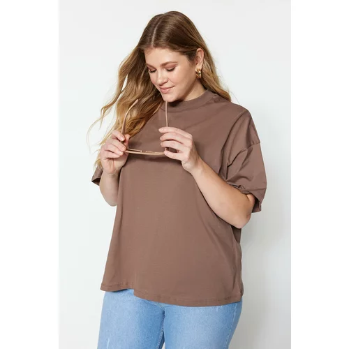 Trendyol Curve Brown Collar Ribbed Oversize Basic Knitted Tshirt