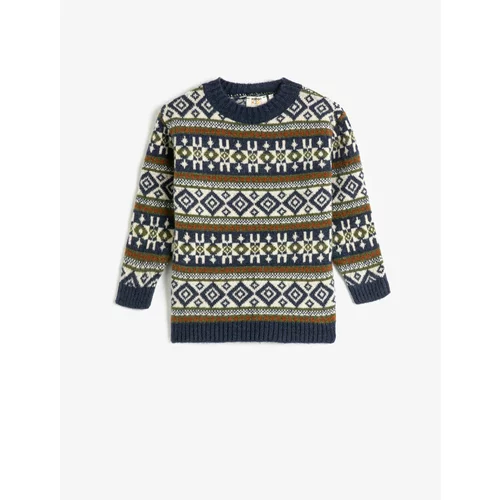 Koton Knitted Sweater Round Neck Long Sleeve Ethnic Pattern