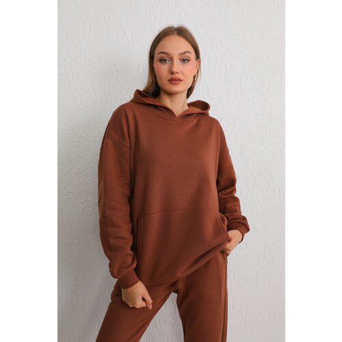 BİKELİFE Women's Brown Oversize Raised Three Thread Hooded Sweatshirt Slike