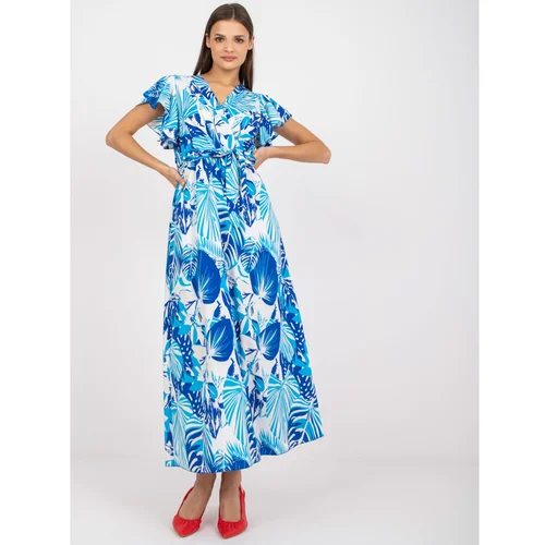 Fashion Hunters White and blue dress with prints and an envelope neckline