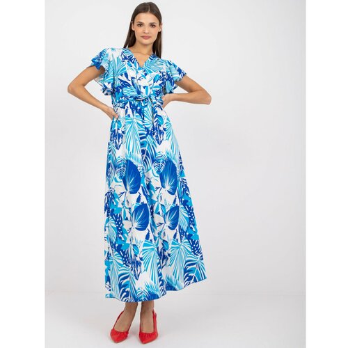 Fashion Hunters White and blue dress with prints and an envelope neckline Slike