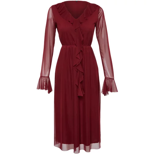 Trendyol Burgundy V Neck Ruffle Detailed Lined Tulle Knitted Midi Dress