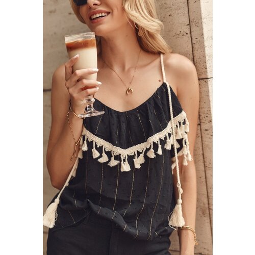 Fasardi Black boho blouse with tassels on the straps Cene