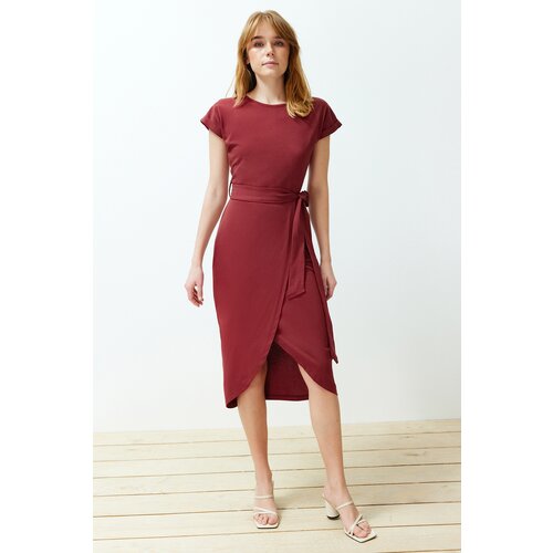 Trendyol Claret Red 100% Cotton Double Breasted Closure Belt Detailed Midi Knitted Dress Slike