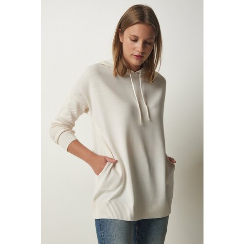  Women&amp;#039;s Cream Hooded Pocket Knitwear Sweater Slike