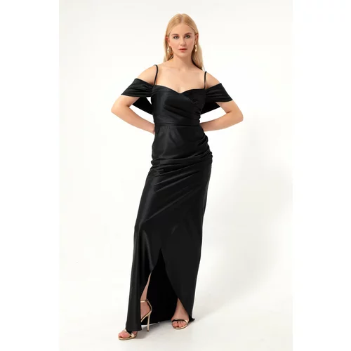 Lafaba Women's Black Thin Straps Double Breasted Neck Slit Long Evening Dress.