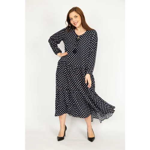 Şans Women's Navy Blue Plus Size Points Patterned Woven Viscose Fabric Collar Laced Tiered Long Dress