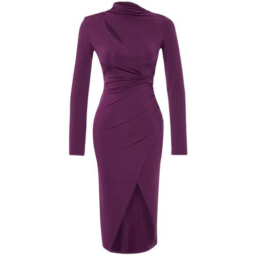 Trendyol Plum Purple Fitted Evening Dress with Window/Cut Out Details Slike