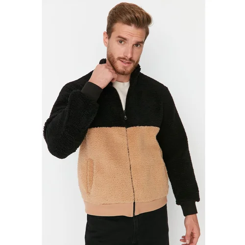 Trendyol Black Men Regular Fit Zippered Stand Collar Thick Plush Color Block Sweatshirt-Cardigan