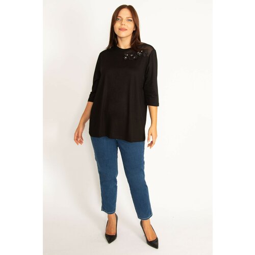 Şans women's plus size black applique and tulle detail blouse Slike