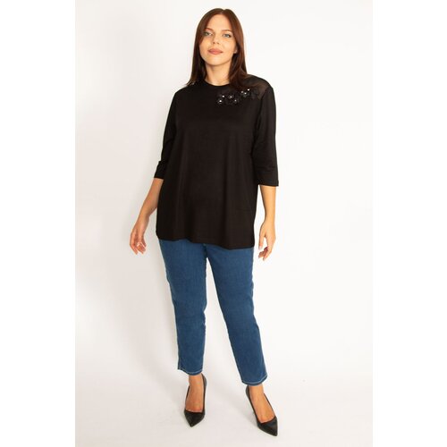 Şans Women&amp;#039;s Plus Size Black Applique And Tulle Detail Blouse Slike