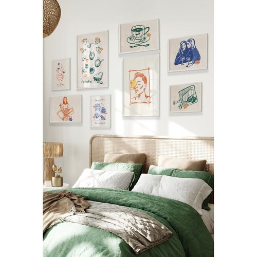 Wallxpert set od 8 uramljenih slika &Ccedil;gs-037, ilustracije u plavoj i narandžastoj &ndash; &scaron;olja kafe, ženski portreti i kuhinjski motivi, beli ram Cene