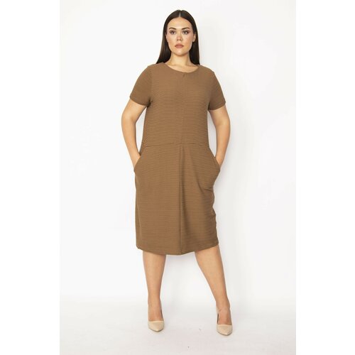 Şans Women's Plus Size Milky Brown Self Striped Pocket Dress Slike