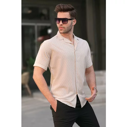 Madmext Beige Slim Fit 100% Cotton Short Sleeve Men's Shirt 5585