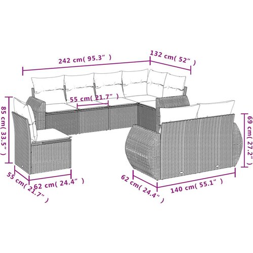 VidaXL 8-dijelni set vrtnih sofa s jastucima smeđi od poliratana Slike