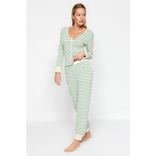 Trendyol Green Striped Cuff and Pile Detailed Tshirt- Jogger Knitted Pajamas Set
