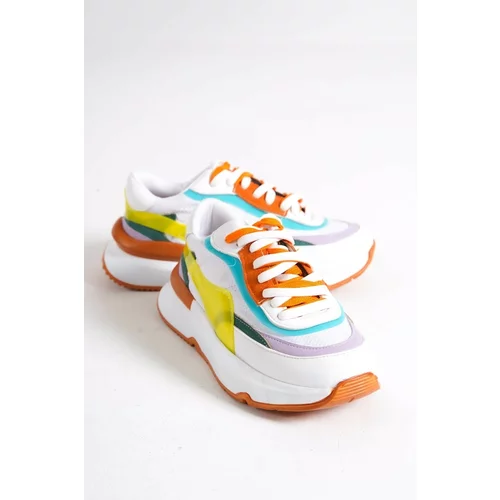 Capone Outfitters Capone Round Toe Women's White Orange Sneakers with Double Lace-Up In The Front.