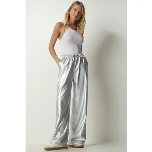 Happiness İstanbul Women's Metallic Gray Palazzo Pants with Pockets Shiny