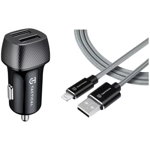 TACTICAL avtopolnilec 2x USB-A QC 24W 3A s kablom Ligntning LICENČNI POLNILEC- siv