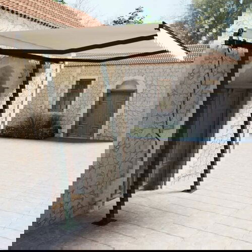 VidaXL Ročna zložljiva tenda s stebrički 3,5x2,5 m krem Slike