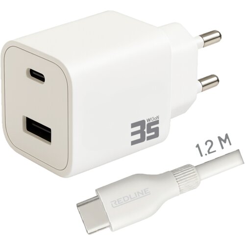 Redline Punjač sa USB-C kablom PQ351AC+CC1.2M60W, 1 x USB-A, 1 x USB-C, Brzi, 35W, Bijeli Slike