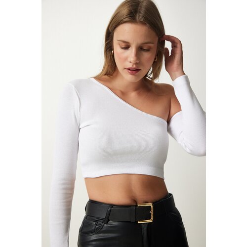 Happiness İstanbul Women's White Single Sleeve Ribbed Crop Knitted Blouse Slike