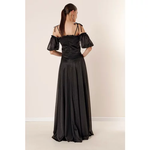 By Saygı Pleated Collar With Balloon Sleeves Lined Glittery Long Dress Black
