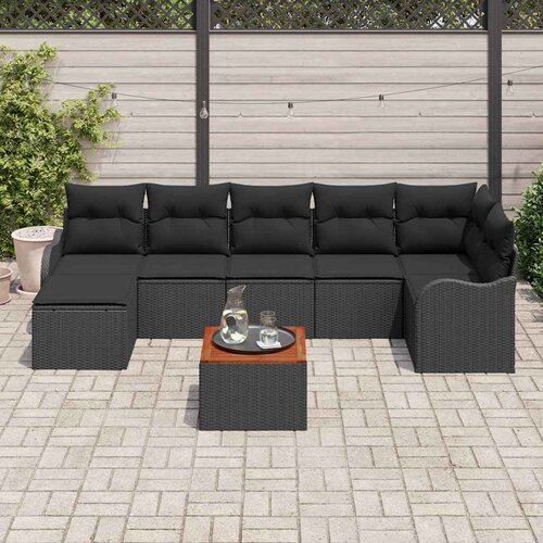 vidaXL 8-delni vrtni set s blazinami črn poli ratan akacija, 2-sedežna vrtna sofa s blazinami črn poli ratan Cene