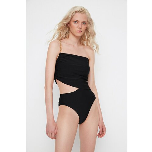 Trendyol X Moeva Black Chain Detailed Draped One Shoulder Swimsuit Slike