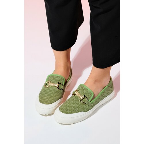 LuviShoes MARRAKESH Green Denim Buckled Women's Loafer Shoes Slike