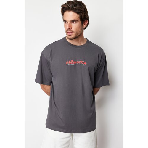 Trendyol anthracite men's oversize/wide cut 100% cotton back printed t-shirt Slike