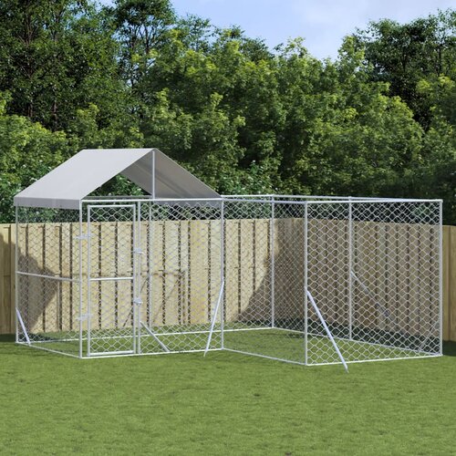 vidaXL Zunanja pasja ograda s streho srebrna 4x4x2,5 m pocinkano jeklo - - Srebrna - 51.55 - 4 x 4 x 2.5 m - 2025- Cene