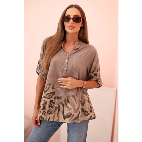 Kesi Włoski Women&amp;#039;s cotton shirt with rolled-up sleeves and an animal pattern in fango Slike
