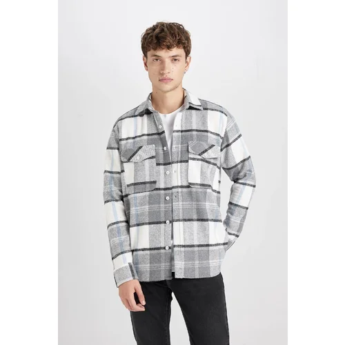 Defacto Men's Gray Regular Fit Regular Cut Polo Collar Plaid Lumberjack Flannel Long Sleeve Shirt