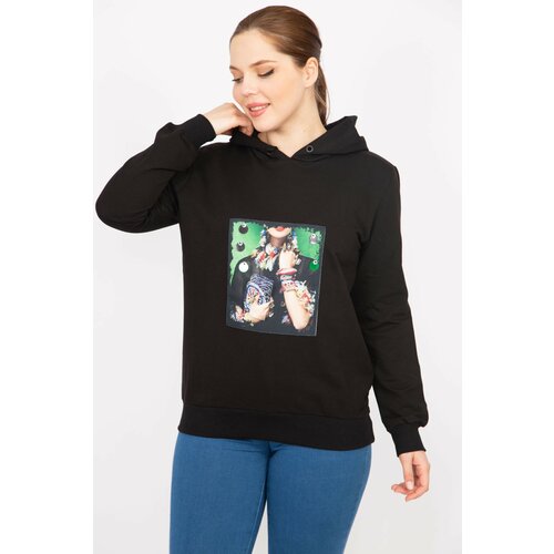 Şans Women's Black Plus Size Digital Printed Hooded Sweatshirt Slike
