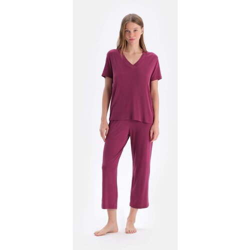 Dagi Burgundy Short Sleeve V Neck Basic Viscose T-Shirt Trousers Pajamas Set Slike